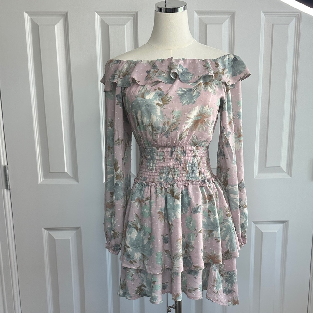 Whiteroom+Cactus Smocked Floral Ruffles Pink Mint Off Shoulder Mini Dress Size S